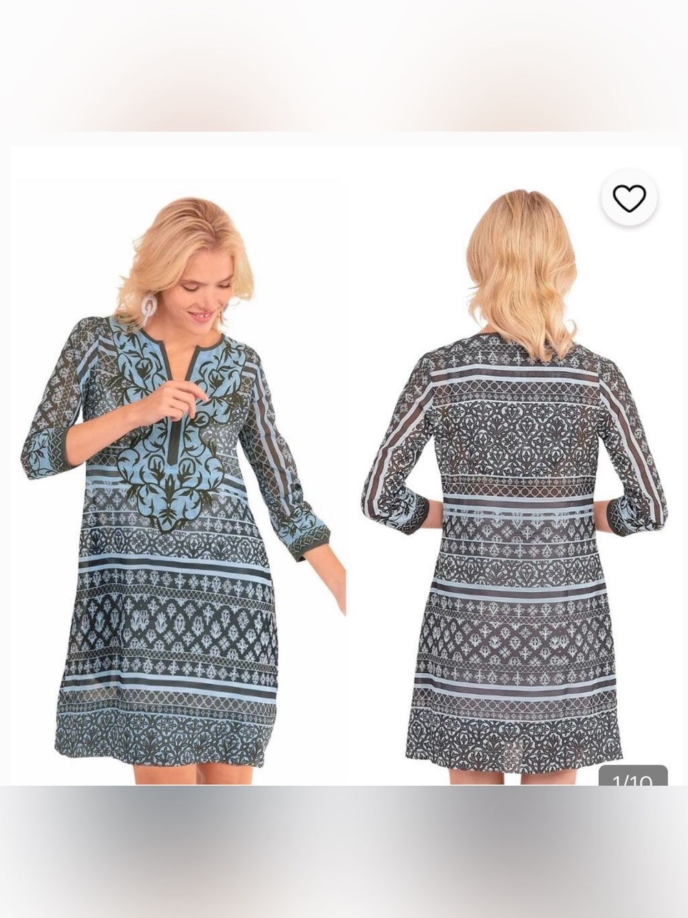 Gretchen Scott Light Blue Tunic Dress with Navy Blue Floral Embroidery, size L